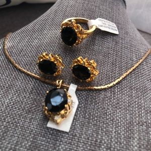 Vintage 14k gold plated faceted genuine black onxy&CZ earrings necklace ring set